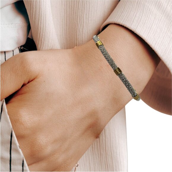 Sterling Silver & Gold-Tone Mesh Bracelet With Twist Accents 925 Italy - Picture 3 of 9